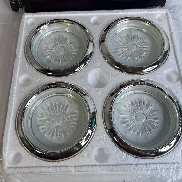 Four Piece Silverplated and Crystal Coaster Set Leonard Silver Mfg w Box Decor - Picture 2 of 10